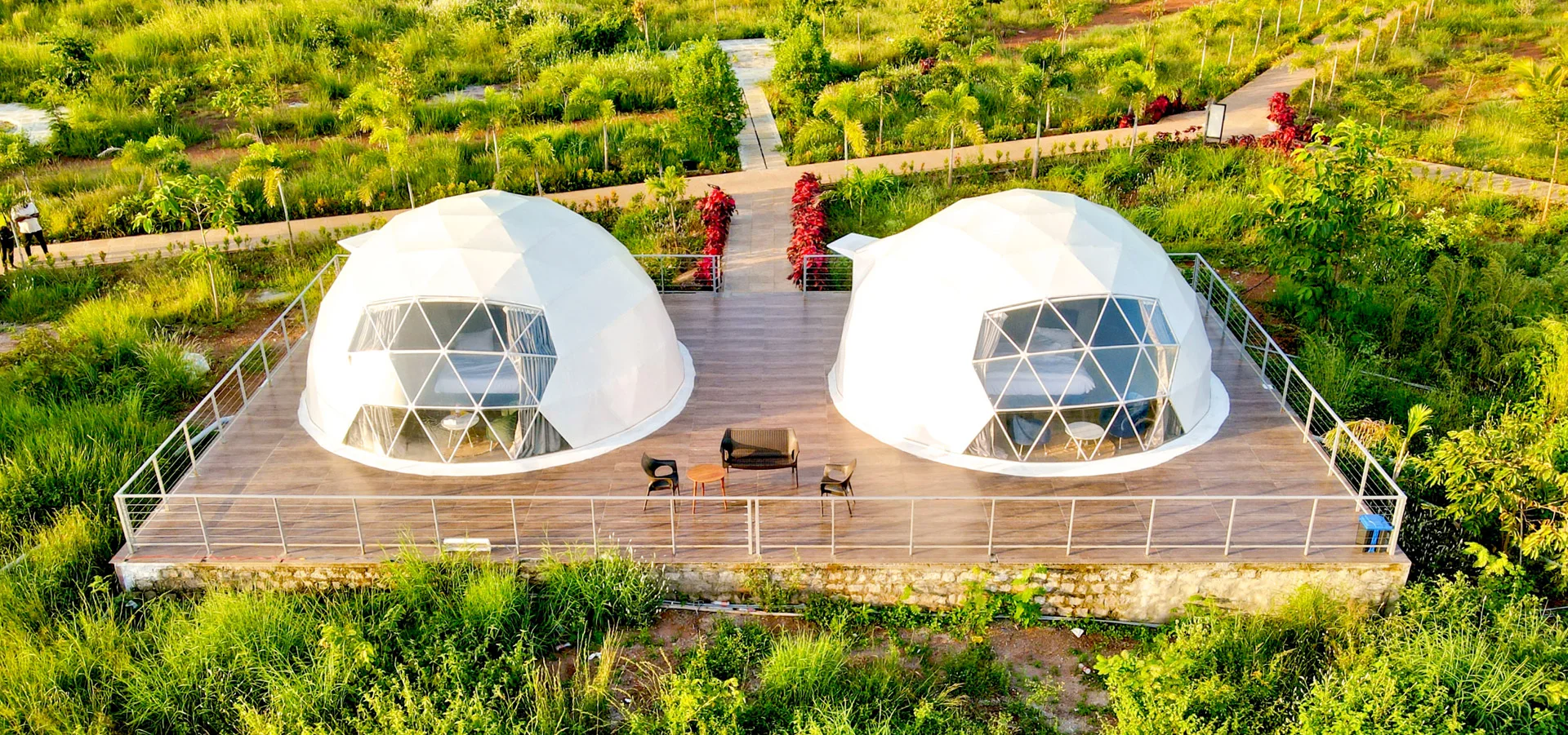 Aerial perspective of Twin Valley domes on elevated deck