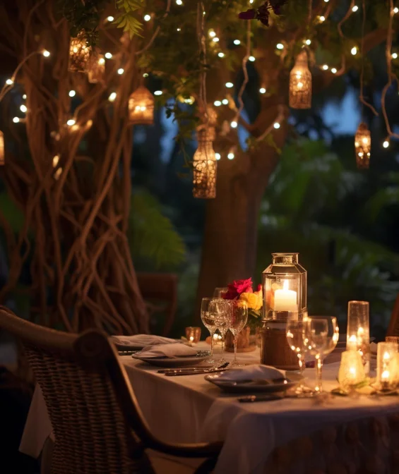 Romantic candlelight dinner table under lantern light