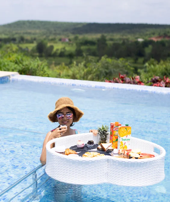 Floating breakfast tray served on infinity pool