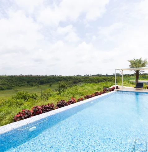 Panoramic vista of infinity pool and forest valley