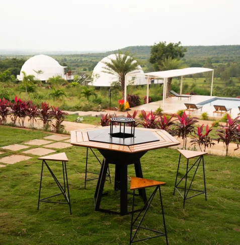 Barbecue dinner table set on upper lawn