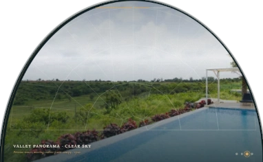 Valley Panorama — Hillside infinity pool overlooking the Vikarabad valley with astronomical dome grid