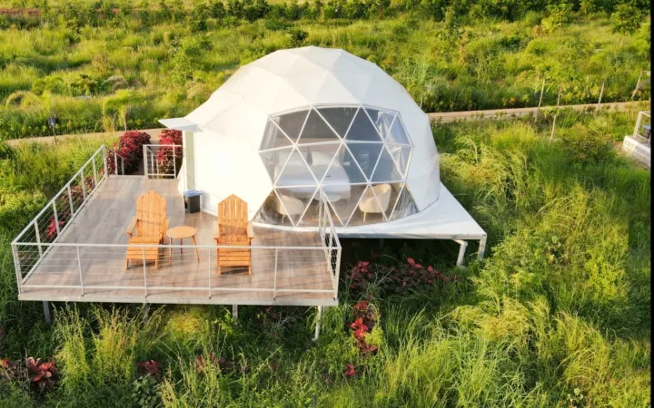 Geodesic dome on private deck nestled in forest grass